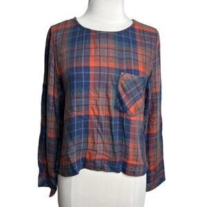 Anthropologie cloth and stone lace up back plaid top sz XS